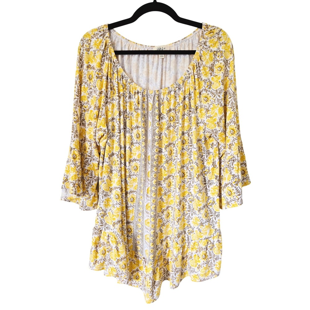 Style & Co Womens 2X Yellow Floral Ruffle 3/4 Sleeve Peasant Top Scoop Neck